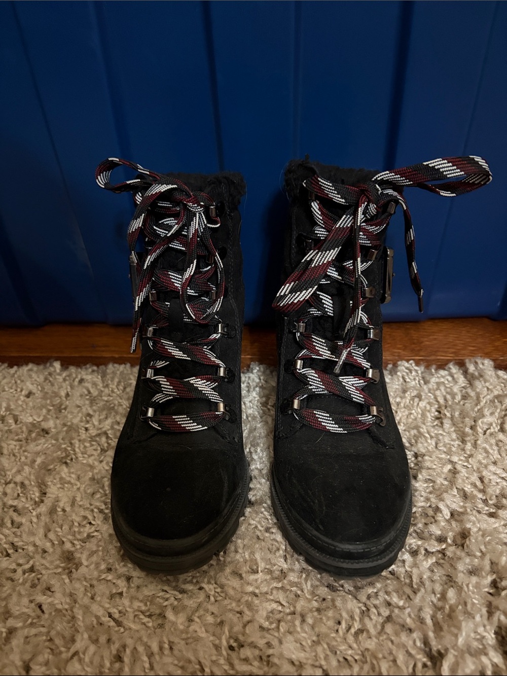 Black Suede Lace-Up Winter Boots with Patterned Laces (size 6.5)